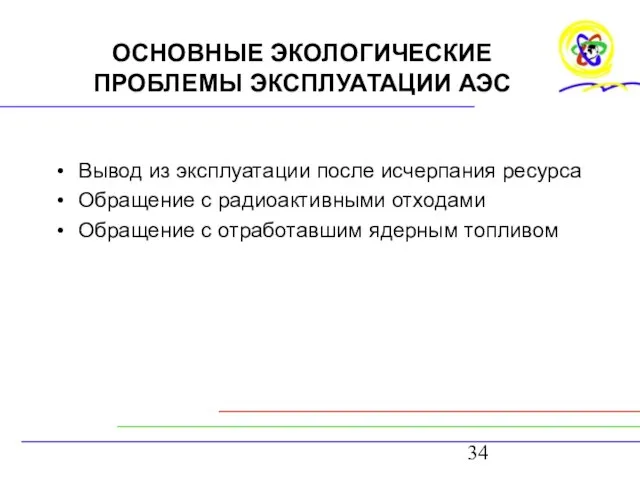 ОСНОВНЫЕ ЭКОЛОГИЧЕСКИЕ ПРОБЛЕМЫ ЭКСПЛУАТАЦИИ АЭС Вывод из эксплуатации после исчерпания ресурса Обращение