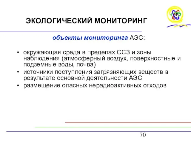 ЭКОЛОГИЧЕСКИЙ МОНИТОРИНГ объекты мониторинга АЭС: окружающая среда в пределах ССЗ и зоны