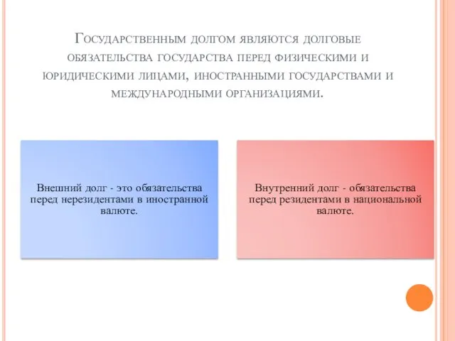 Государственным долгом являются долговые обязательства государства перед физическими и юридическими лицами, иностранными государствами и международными организациями.