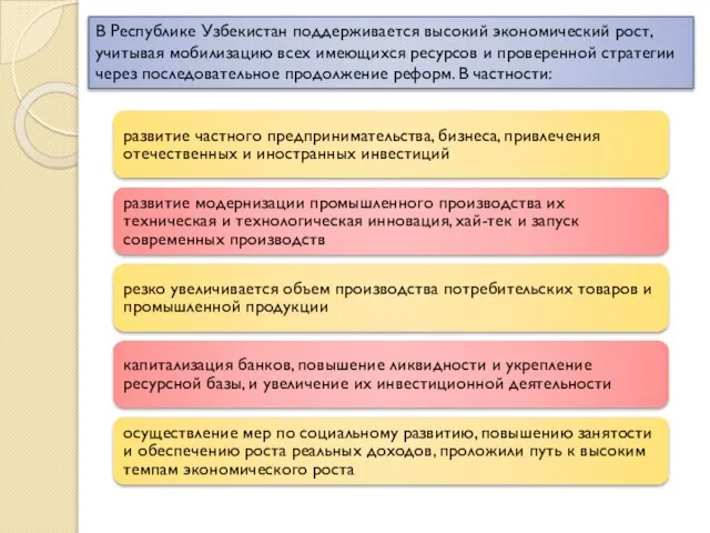 В Республике Узбекистан поддерживается высокий экономический рост, учитывая мобилизацию всех имеющихся ресурсов