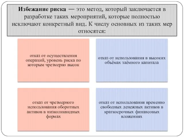 Избежание риска — это метод, который заключается в разработке таких мероприятий, которые