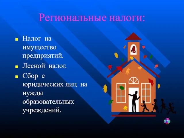 Региональные налоги: Налог на имущество предприятий. Лесной налог. Сбор с юридических лиц на нужды образовательных учреждений.