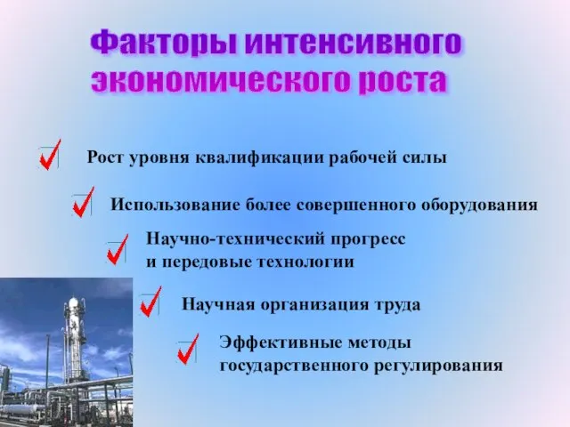 Факторы интенсивного экономического роста Рост уровня квалификации рабочей силы Использование более совершенного