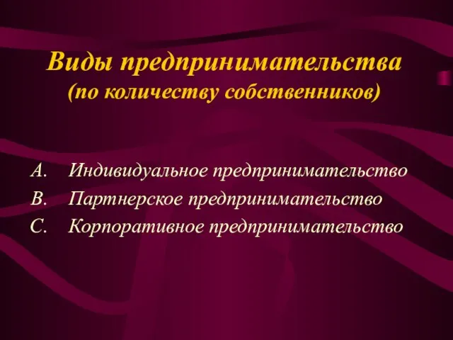 Виды предпринимательства (по количеству собственников) Индивидуальное предпринимательство Партнерское предпринимательство Корпоративное предпринимательство