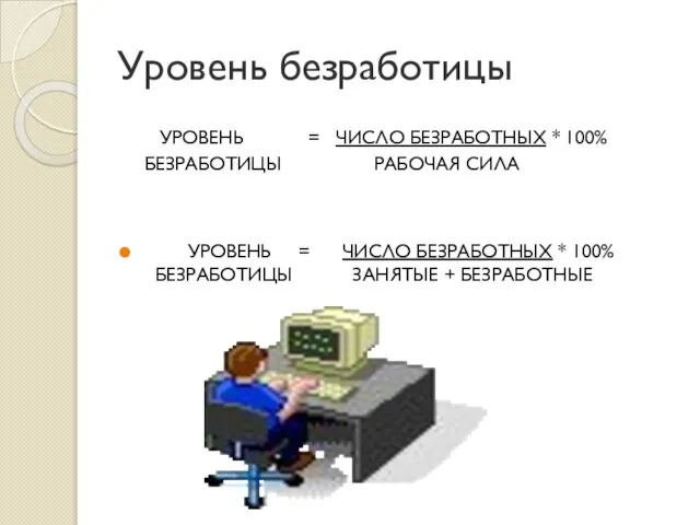 Уровень безработицы УРОВЕНЬ = ЧИСЛО БЕЗРАБОТНЫХ * 100% БЕЗРАБОТИЦЫ РАБОЧАЯ СИЛА УРОВЕНЬ