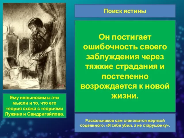 Поиск истины Теория Раскольникова делит людей на «слабых» и «сильных». Родиона мучает