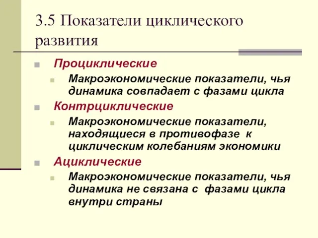 3.5 Показатели циклического развития Проциклические Макроэкономические показатели, чья динамика совпадает с фазами