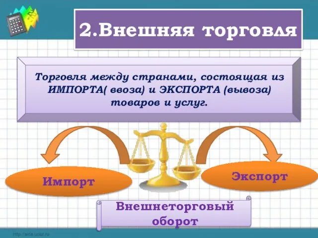 2.Внешняя торговля Торговля между странами, состоящая из ИМПОРТА( ввоза) и ЭКСПОРТА (вывоза)