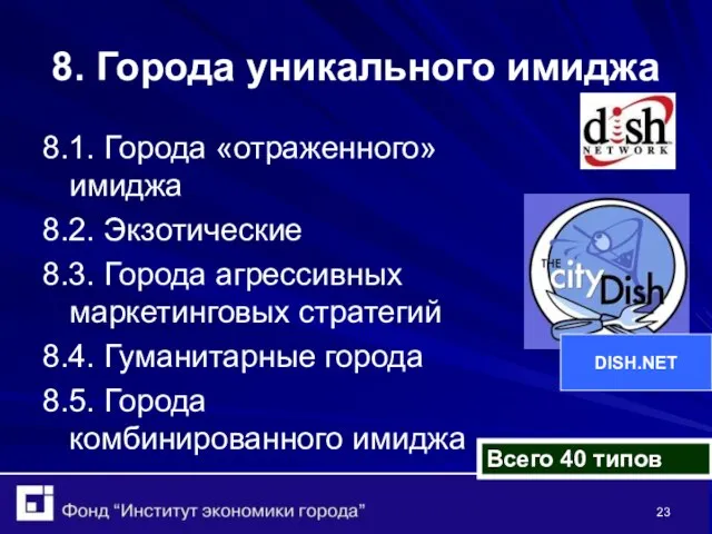 8. Города уникального имиджа 8.1. Города «отраженного» имиджа 8.2. Экзотические 8.3. Города