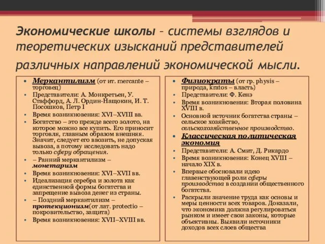 Экономические школы – системы взглядов и теоретических изысканий представителей различных направлений экономической