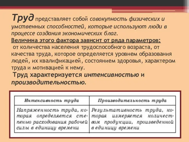 Труд представляет собой совокупность физических и умственных способностей, которые используют люди в