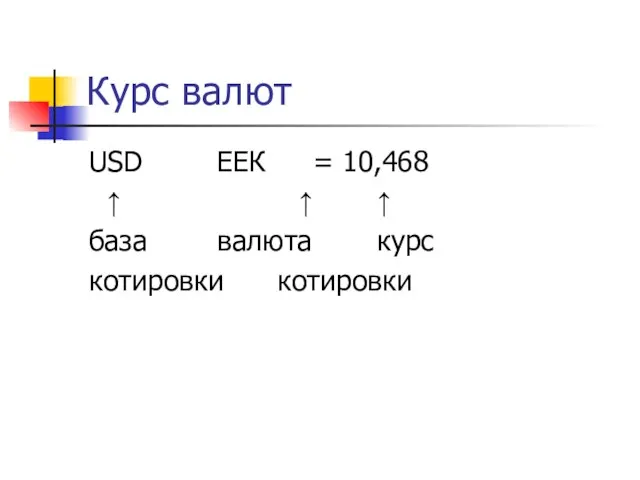 Курс валют USD ЕЕК = 10,468 ↑ ↑ ↑ база валюта курс котировки котировки