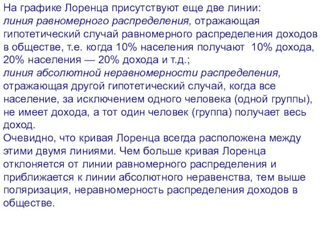 На графике Лоренца присутствуют еще две линии: линия равномерного распределения, отражающая гипотетический