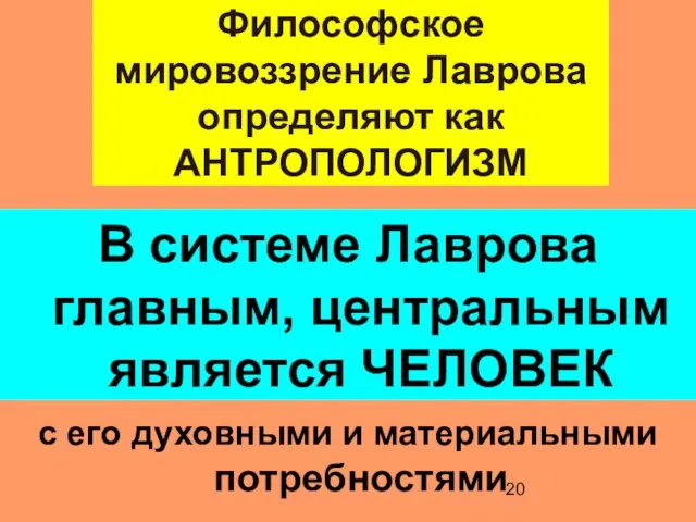 Философское мировоззрение Лаврова определяют как АНТРОПОЛОГИЗМ В системе Лаврова главным, центральным является