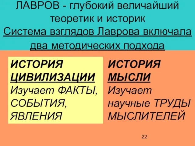 ЛАВРОВ - глубокий величайший теоретик и историк Система взглядов Лаврова включала два