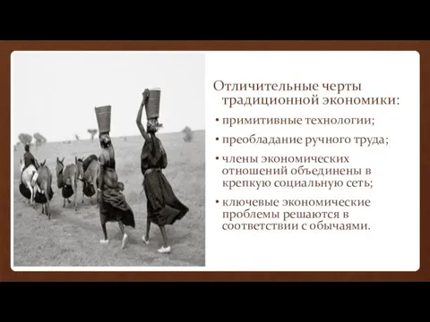 Отличительные черты традиционной экономики: примитивные технологии; преобладание ручного труда; члены экономических отношений