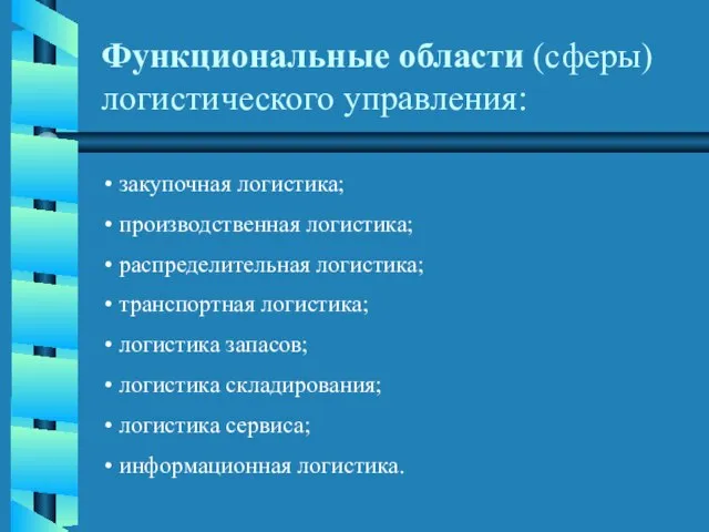 Функциональные области (сферы) логистического управления: закупочная логистика; производственная логистика; распределительная логистика; транспортная