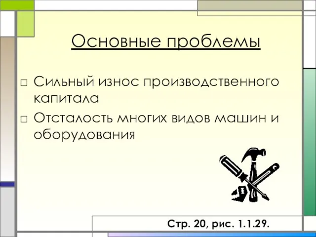 Основные проблемы Сильный износ производственного капитала Отсталость многих видов машин и оборудования Стр. 20, рис. 1.1.29.