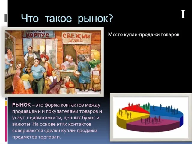 Что такое рынок? Место купли-продажи товаров РЫНОК – это форма контактов между