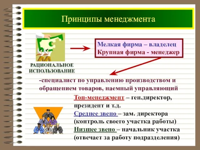 Принципы менеджмента -специалист по управлению производством и обращением товаров, наемный управляющий Мелкая