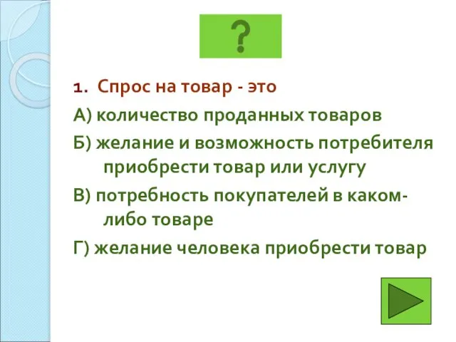 1. Спрос на товар - это А) количество проданных товаров Б) желание