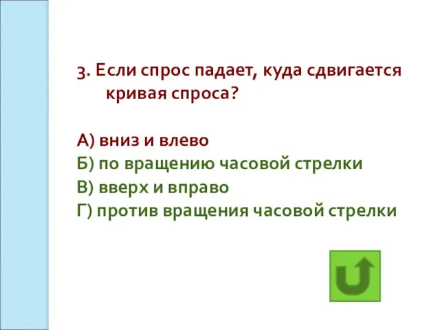 3. Если спрос падает, куда сдвигается кривая спроса? А) вниз и влево