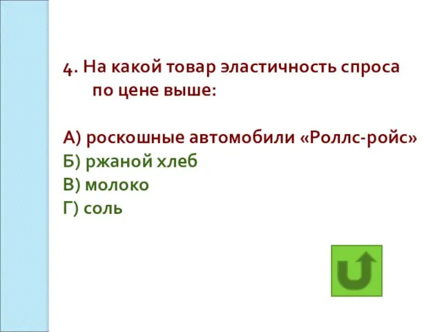 4. На какой товар эластичность спроса по цене выше: А) роскошные автомобили