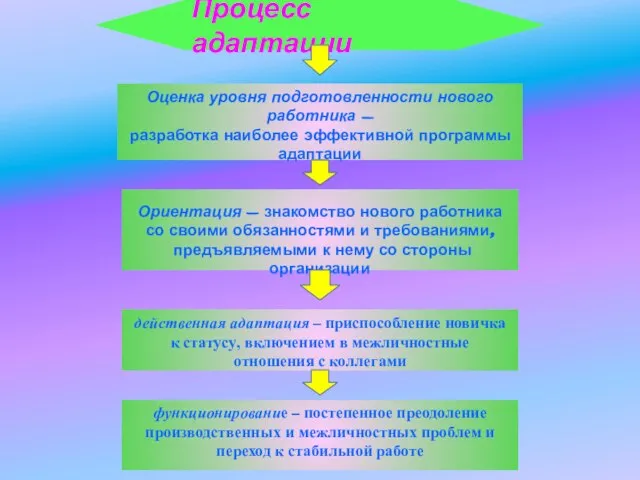 Процесс адаптации Оценка уровня подготовленности нового работника - разработка наиболее эффективной программы