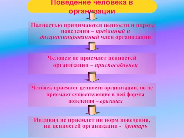 Поведение человека в организации Полностью принимаются ценности и нормы поведения – преданный