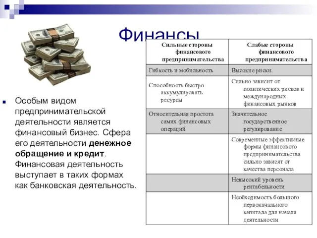 Финансы Особым видом предпринимательской деятельности является финансовый бизнес. Сфера его деятельности денежное