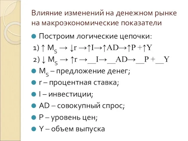 Влияние изменений на денежном рынке на макроэкономические показатели Построим логические цепочки: 1)