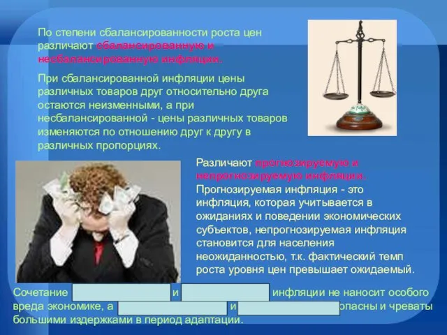 По степени сбалансированности роста цен различают сбалансированную и несбалансированную инфляции. При сбалансированной