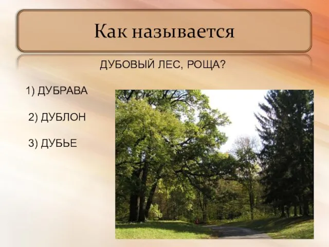 Как называется ДУБОВЫЙ ЛЕС, РОЩА? 1) ДУБРАВА 2) ДУБЛОН 3) ДУБЬЕ