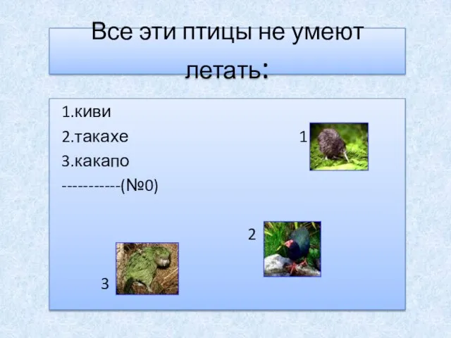 Все эти птицы не умеют летать: 1.киви 2.такахе 1 3.какапо -----------(№0) 2 3