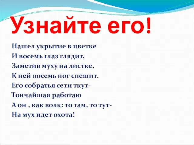 Узнайте его! Нашел укрытие в цветке И восемь глаз глядит, Заметив муху