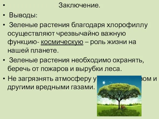 Заключение. Выводы: Зеленые растения благодаря хлорофиллу осуществляют чрезвычайно важную функцию- космическую –