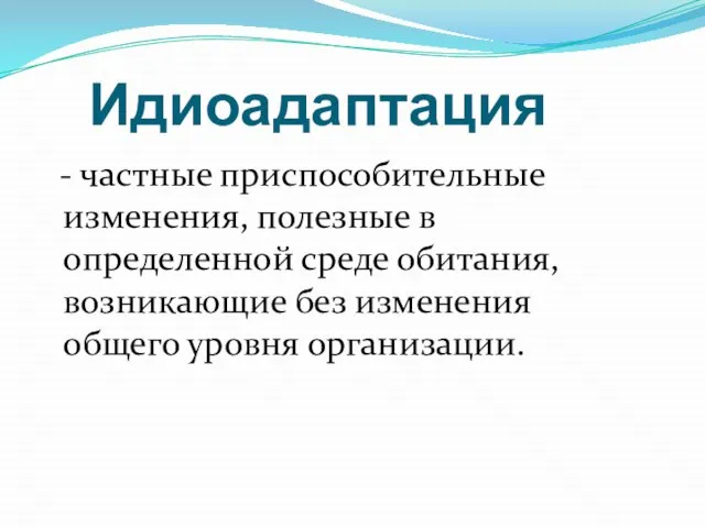 Идиоадаптация - частные приспособительные изменения, полезные в определенной среде обитания, возникающие без изменения общего уровня организации.