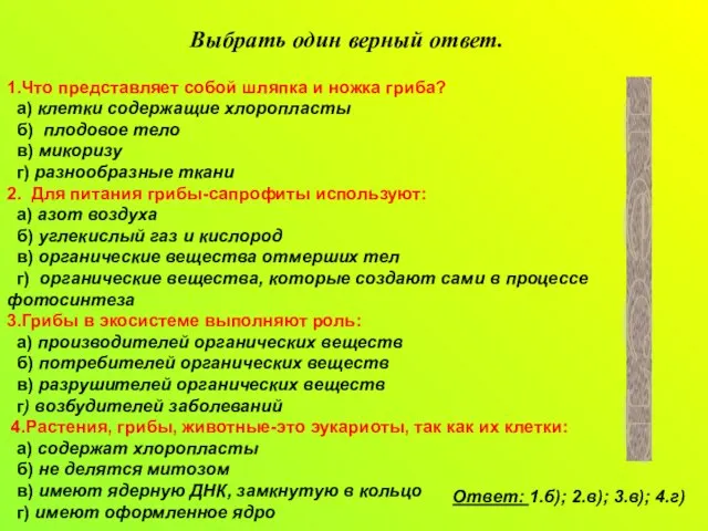 Выбрать один верный ответ. 1.Что представляет собой шляпка и ножка гриба? а)