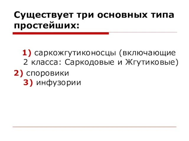 Существует три основных типа простейших: 1) саркожгутиконосцы (включающие 2 класса: Саркодовые и