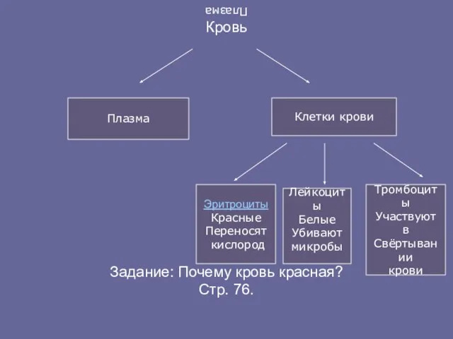 Плазма Кровь Задание: Почему кровь красная? Стр. 76. Плазма Клетки крови Эритроциты