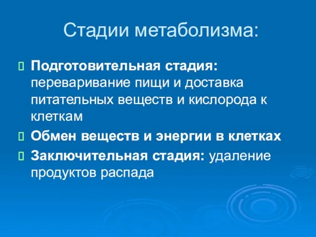 Стадии метаболизма: Подготовительная стадия: переваривание пищи и доставка питательных веществ и кислорода