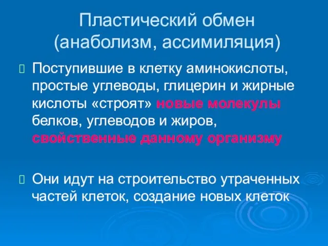 Пластический обмен (анаболизм, ассимиляция) Поступившие в клетку аминокислоты, простые углеводы, глицерин и