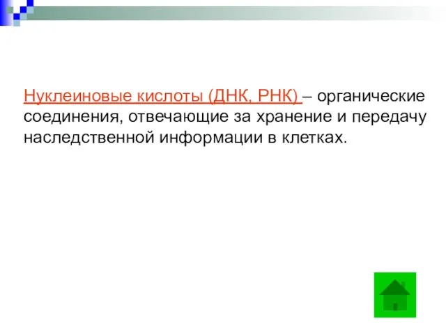 Нуклеиновые кислоты (ДНК, РНК) – органические соединения, отвечающие за хранение и передачу наследственной информации в клетках.