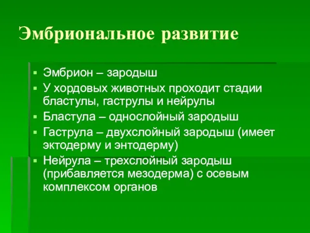 Эмбриональное развитие Эмбрион – зародыш У хордовых животных проходит стадии бластулы, гаструлы