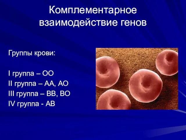 Комплементарное взаимодействие генов Группы крови: I группа – ОО II группа –