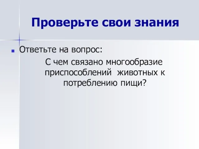 Проверьте свои знания Ответьте на вопрос: С чем связано многообразие приспособлений животных к потреблению пищи?