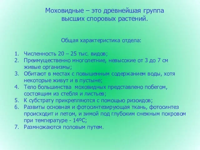 Моховидные – это древнейшая группа высших споровых растений. Общая характеристика отдела: Численность