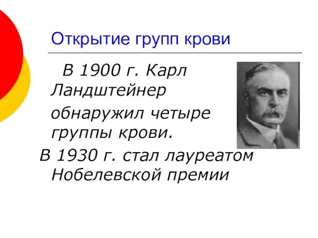 Открытие групп крови В 1900 г. Карл Ландштейнер обнаружил четыре группы крови.