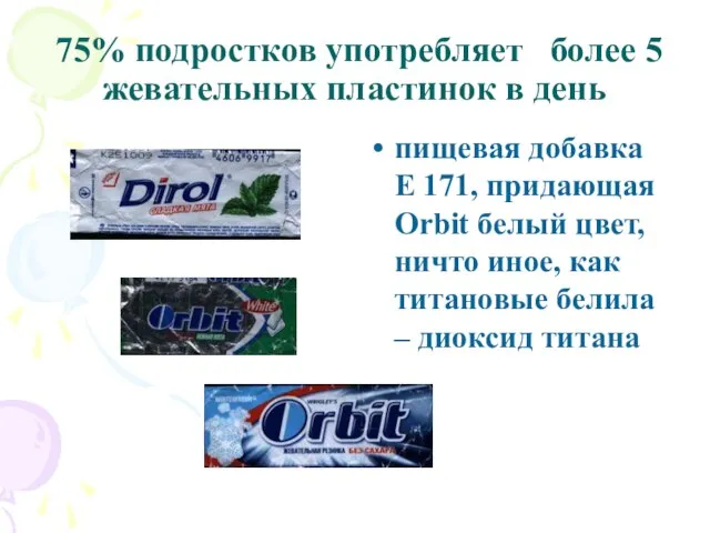 75% подростков употребляет более 5 жевательных пластинок в день пищевая добавка Е