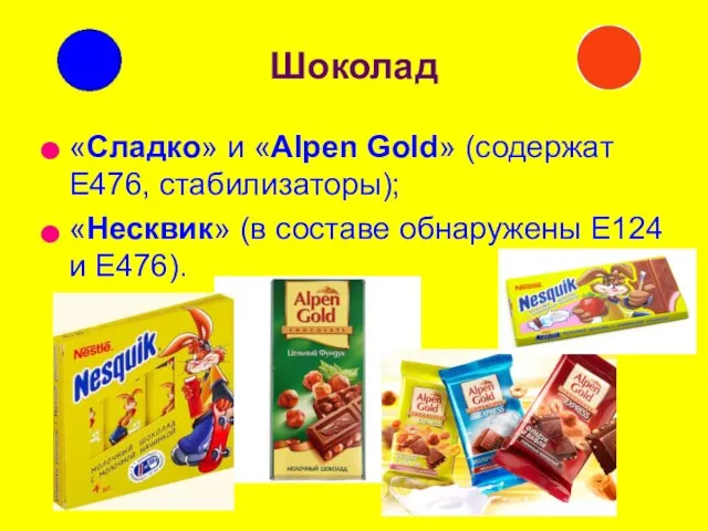 Шоколад «Сладко» и «Alpen Gold» (содержат Е476, стабилизаторы); «Несквик» (в составе обнаружены Е124 и Е476).